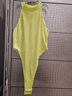 Ribbed High-Neck Women’s Bodysuit in Neon Yellow